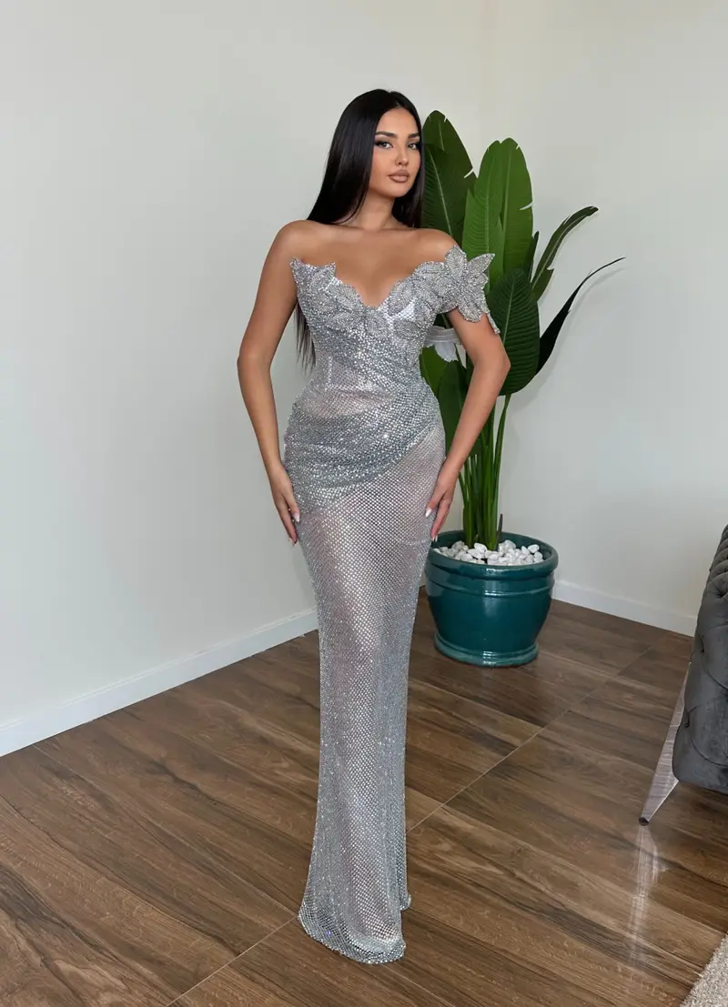 shimmering silver dress Lady Black Tie - Maddox Gown - Silver - Strapless Glitter Embellished Gown